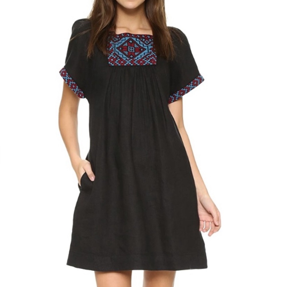 Madewell Black 100% Linen Embroidered Wander Mini Dress Black small blue red